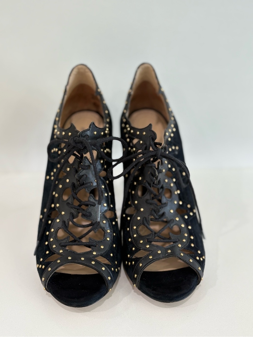 Pour La Victoire Black SuedeLace-Up Peep Toe Heels with Gold Stud Accents Size 8